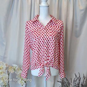 Investments Petites White with Hot Pink Polka Dot Button Down Tie Front …